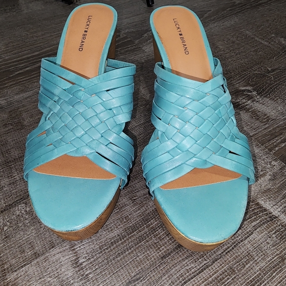 Lucky Brand Tellimi Platform Wedge Woven Leather Studded Sandals Blue - Picture 3 of 7
